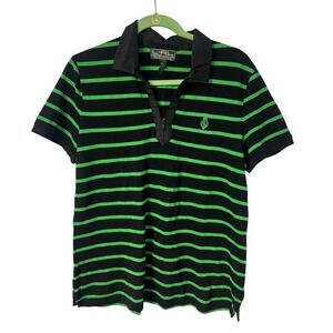 Lauren Ralph Lauren Sz L Polo T RL Active Black Neon Green Stripe Top Shirt T